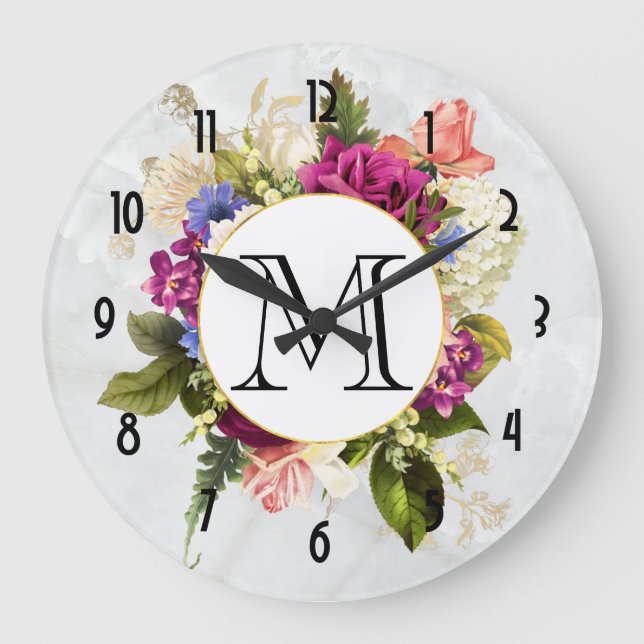 Reloj Redondo Grande Ramo floral moderno de la acuarela rosada y blanca (Anverso)