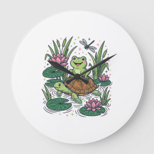 Reloj Redondo Grande Rana Bonita Montando Tortuga Estanque Vintage Arte