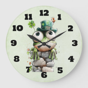 Reloj Redondo Grande Rana con sombrero verde y trébol adorable