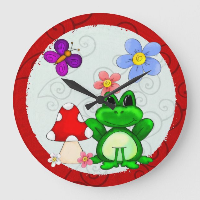 Reloj Redondo Grande Rana Feliz En Primavera (Anverso)