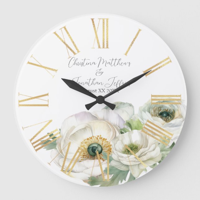 Reloj Redondo Grande Ranunculus Acuarela Romántica Blanca (Anverso)