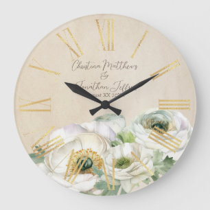 Reloj Redondo Grande Ranunculus Blanco Acuarela Rústica