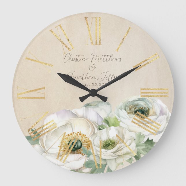 Reloj Redondo Grande Ranunculus Blanco Acuarela Rústica (Anverso)