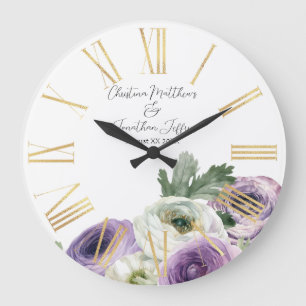Reloj Redondo Grande Ranunculus Romántico de Acuarela Blanco y Morado
