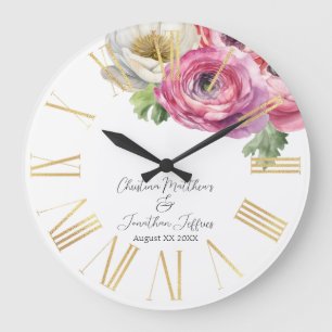 Reloj Redondo Grande Ranunculus romántico de acuarela blanco y rosa