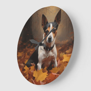 Reloj Redondo Grande Rat Terrier en otoño inspira caída de hojas