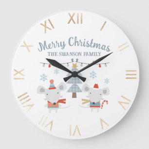 Reloj Redondo Grande Ratones Navideños Adorables y Árbol