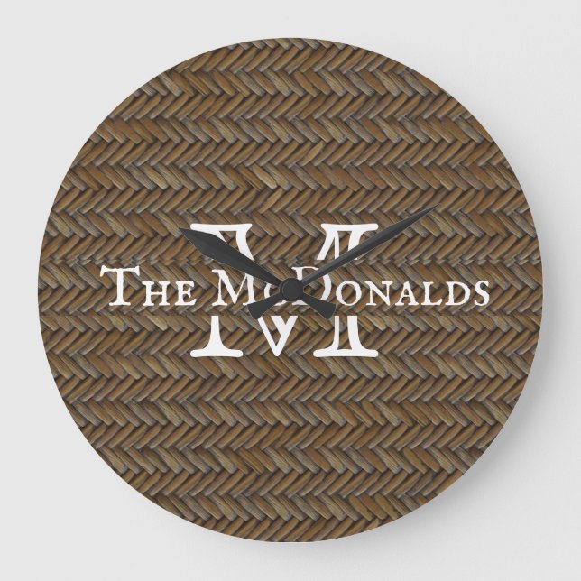 Reloj Redondo Grande Rattan Wicker Boho Monograma Tejido de baloncesto  (Anverso)