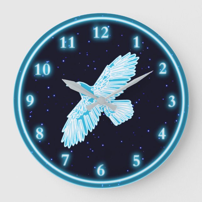 Reloj Redondo Grande Raven Azul Sobre Las Estrellas (Anverso)