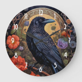 Reloj Redondo Grande Raven negro con flores de diseño gótico