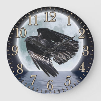 Reloj Redondo Grande Raven negro volador y luna llena