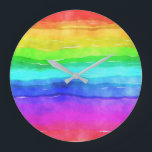 Reloj Redondo Grande Rayas arcoiris acuáticas<br><div class="desc">Rayas horizontales luminosas y coloridas de múltiples colores pintadas en acuarela,  gran fondo para el personalizado con su propio texto o imágenes o como un diseño alegre.</div>