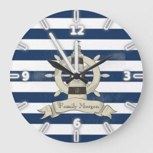 Reloj Redondo Grande Rayas Azules Marinos Modernas, Timón de Barco