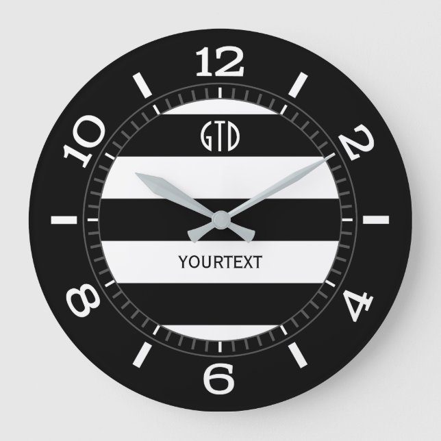 Reloj Redondo Grande Rayas blancas y negras personalizadas (Anverso)
