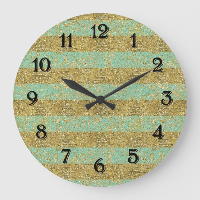 Reloj Redondo Grande Rayas brillantes de oro menta (Anverso)