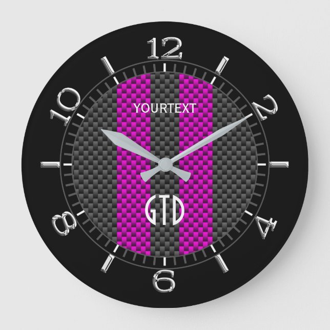 Reloj Redondo Grande Rayas de Carreras de estilo de carbono de Fuchsia  (Anverso)