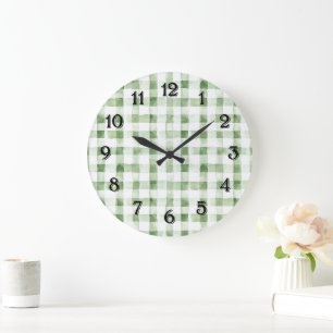 Reloj Redondo Grande Rayas de Cuadro Escocés Verde Blanco