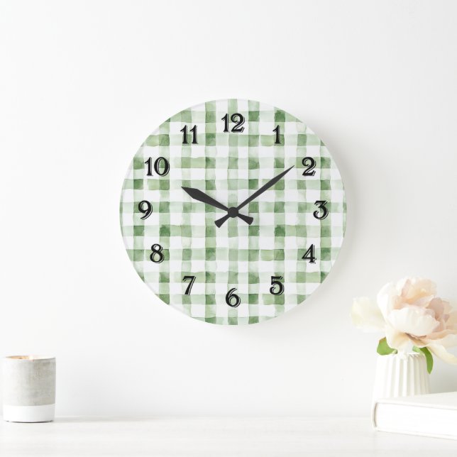 Reloj Redondo Grande Rayas de Cuadro Escocés Verde Blanco   (Hogar)