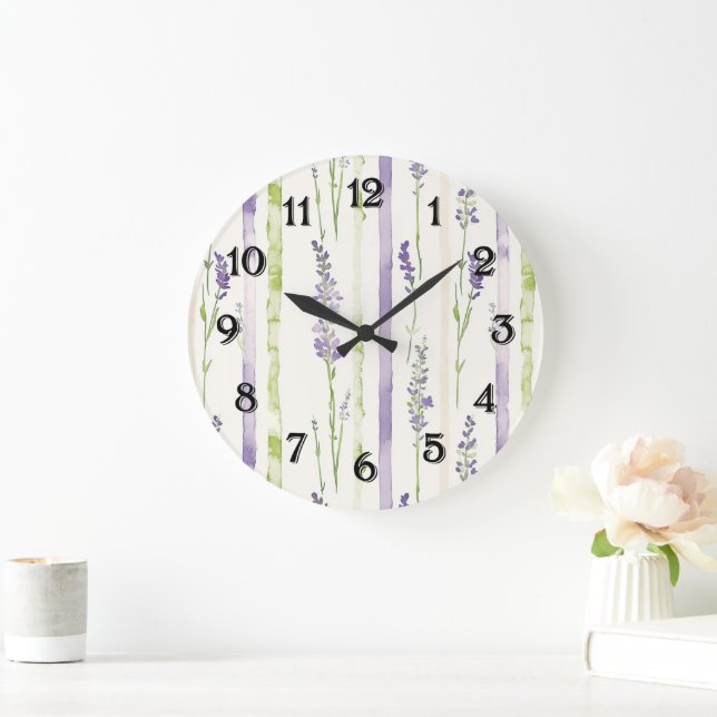Reloj Redondo Grande Rayas de lavanda Floral   (Hogar)