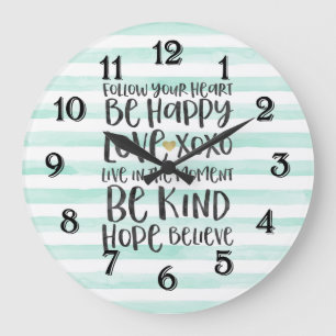 Reloj Redondo Grande Rayas de menta chic con palabras inspiradoras
