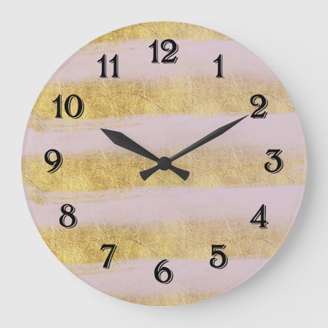Reloj Redondo Grande Rayas doradas y rosadas (Anverso)