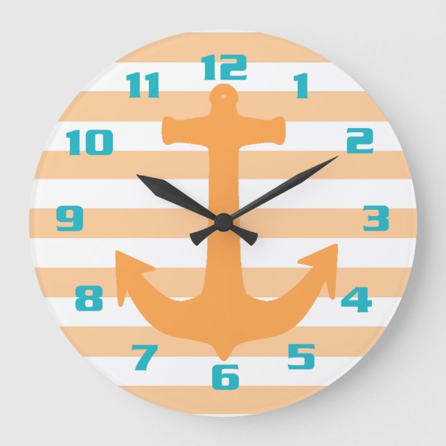Reloj Redondo Grande Rayas Naranjas ligeras y números Verde azulados de (Anverso)