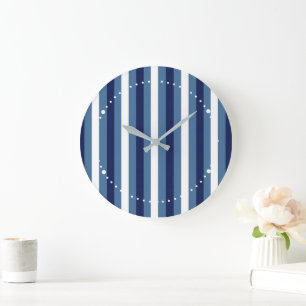 Reloj Redondo Grande Rayas Náuticas Azul Marino Azul Ahumado Blanco Cru