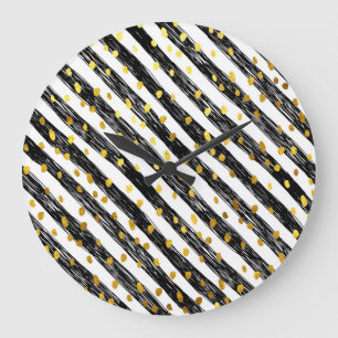 Reloj Redondo Grande Rayas negras, confeti dorado, patrón sin fisuras.