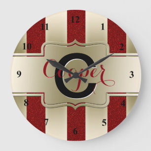 Reloj Redondo Grande Rayas rojas cones monograma del oro del purpurina