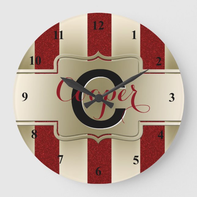 Reloj Redondo Grande Rayas rojas cones monograma del oro del purpurina (Anverso)