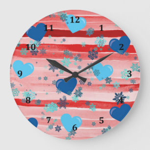 Reloj Redondo Grande Rayas Rojas y Corazones Blancos y Copos de Nieve