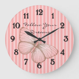 Reloj Redondo Grande Rayas rosadas con mariposa