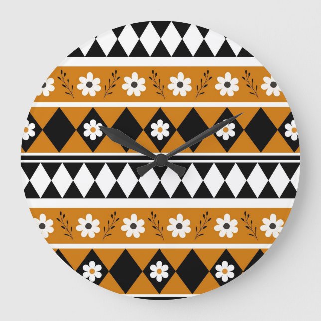 Reloj Redondo Grande Rayo de borde Flor Diamante Boho Patrón floral (Anverso)