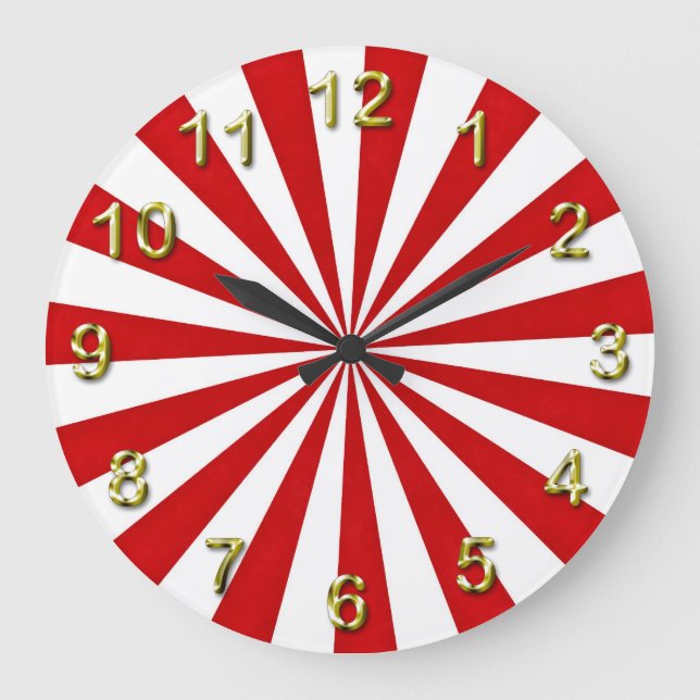 Reloj Redondo Grande Rayos Pop Art: Rojo y Blanco (Anverso)
