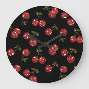Reloj Redondo Grande RB Rockabilly Muy cereza cerezas en negro