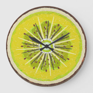 Reloj Redondo Grande Rebanada de fruta de kiwi dorado vibrante pintada 