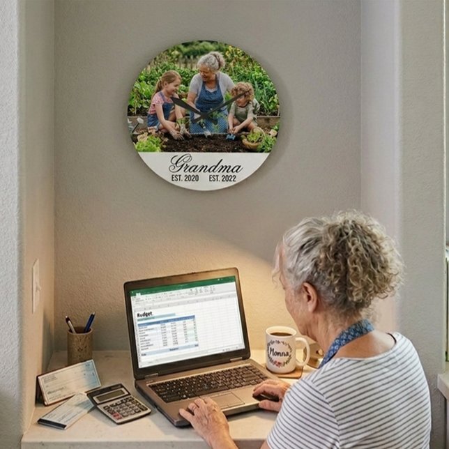 Reloj Redondo Grande Recuerdo de Foto Personalizado para Abuela (Personalized Grandma Established Photo Keepsake Large Clock)