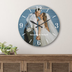 Reloj Redondo Grande Recuerdo de nombres de pareja de foto de boda pers
