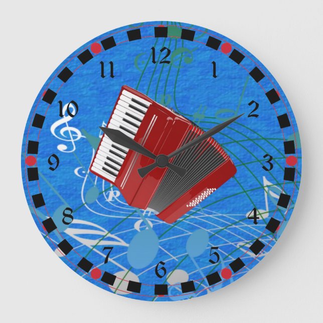 Reloj Redondo Grande Red Accordion on Musical Notes (Anverso)