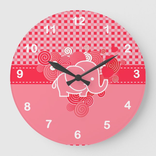 Reloj Redondo Grande Red and Pink Plaid with Baby Elephant (Anverso)