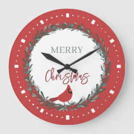 Reloj Redondo Grande Red Berries Wreath and Red Cardinal Christmas