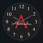 Reloj Redondo Grande Red Black Script Girly Monogram Name<br><div class="desc">Red and Black Simple Script Monogram Name Clock. This makes the perfect sweet 16 birthday,  wedding,  bridal shower,  anniversary,  baby shower or bachelorette party gift for someone that loves glam luxury and chic styles.</div>