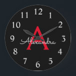 Reloj Redondo Grande Red Black Script Girly Monogram Name<br><div class="desc">Red and Black Simple Script Monogram Name Clock. This makes the perfect sweet 16 birthday,  wedding,  bridal shower,  anniversary,  baby shower or bachelorette party gift for someone that loves glam luxury and chic styles.</div>