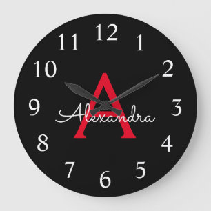 Reloj Redondo Grande Red Black Script Girly Monogram Name