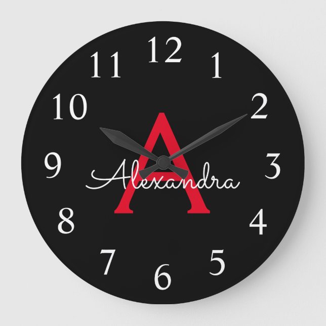 Reloj Redondo Grande Red Black Script Girly Monogram Name (Anverso)