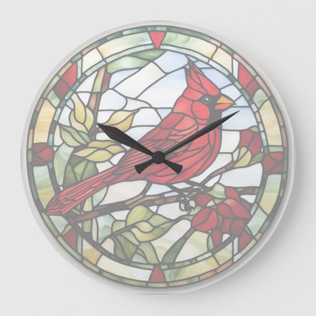 Reloj Redondo Grande Red Cardinal Stained Glass Woodland Bird Clock (Anverso)