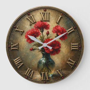 Reloj Redondo Grande Red Carnation Bouquet Vintage Floral Vase Art