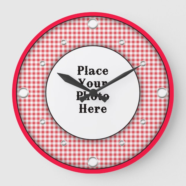 Reloj Redondo Grande Red Gingham Frame Your Photo Wall Clock (Anverso)