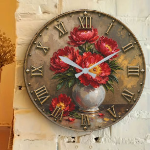 Reloj Redondo Grande Red Peony Elegant Floral Bouquet