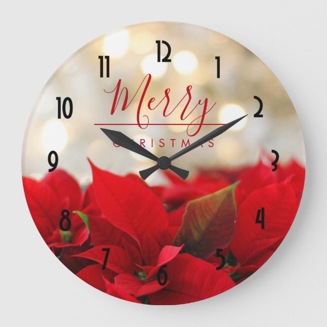Reloj Redondo Grande Red Poinsettias with Golden Bokeh Christmas (Anverso)